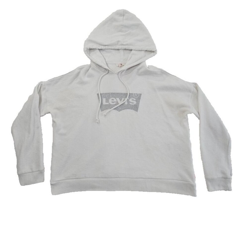 Levi's Boxy Long Sleeve Hoodie Women's Small White Glitter Emblem Logo EUC‎ LN